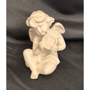 Vintage Verithin Japan Porcelain Angel Figurine – 5” White Cherub with Lyre Harp